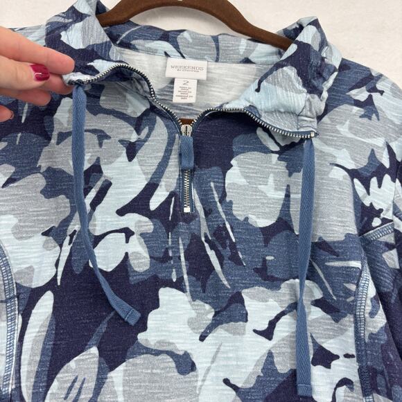 Weekends by Chico's Shirt Top Size L Blue Floral Quarter Zip Long Sleeve Pockets - Picture 2 of 7